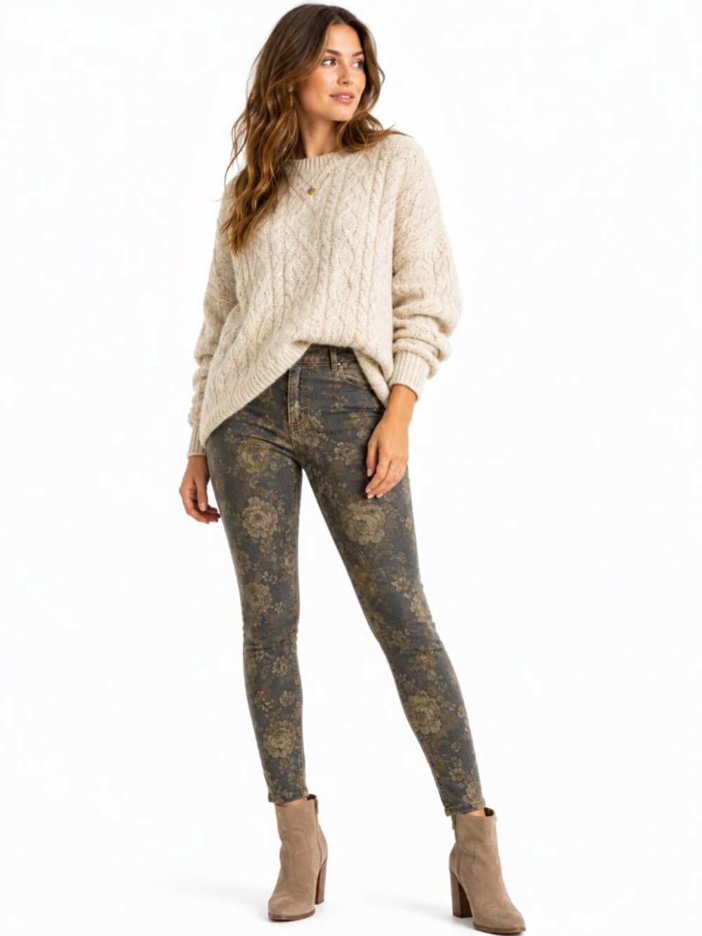 Faded Glory Botanical Floral Print Jeggings Olive Stretch Skinny Size S 4-6
